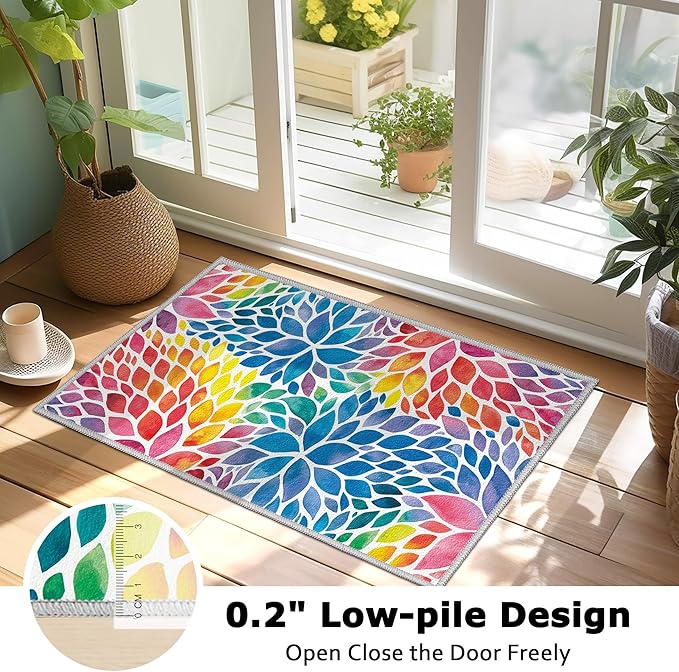 Abstract Rainbow Small Area Rug 2x3 Entryway Rug Colorful Dahlia Multicolor Floral Throw Rugs, Non-Slip Machine Washable Indoor Door Mat Entrance Carpet for Kitchen Bathroom Laundry Bedroom 2'x3'