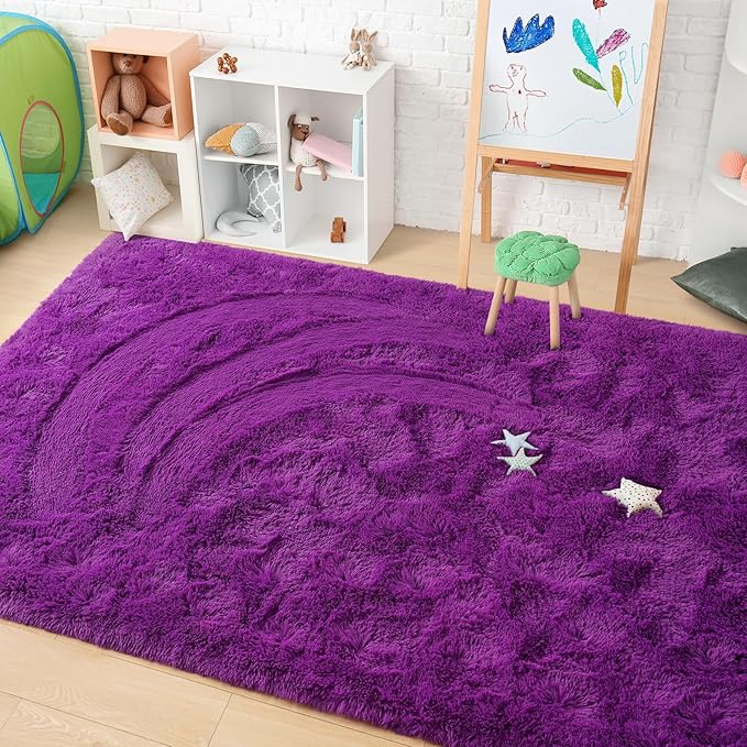 Amearea Shag Fluffy Area Rug for Kids Bedroom Living Room, Extra Soft and Fuzzy Shaggy Rugs, Non Slip, Solid Color Carpet Mat for Girls Nursery Home, Volet Purple 5x7.5 Feet