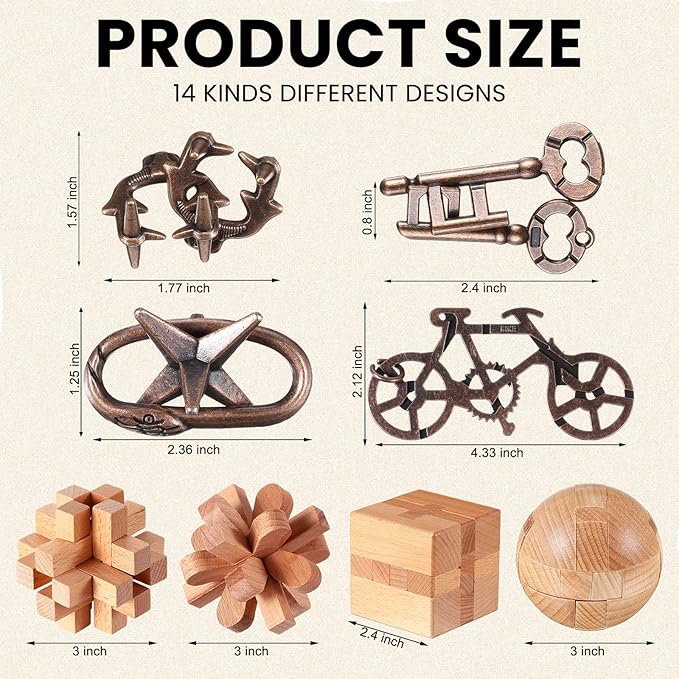 Syhood 14 Pcs Brain Puzzles Teaser for Adults Metal 3D Steel Mind Games Wooden Unlock Interlocking Puzzle Adult Iq Education Toys Smart Toy(Classic)