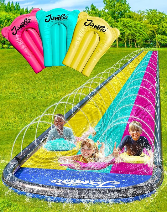JAMBO 20Ft Premium Slip Splash and Slide with 3 Bodyboards, Heavy Duty Water Slide- Advanced 3-Way Water Sprinkler System, Backyard Waterslide Outdoor Water Toys n Slides for Kids Splash Pad