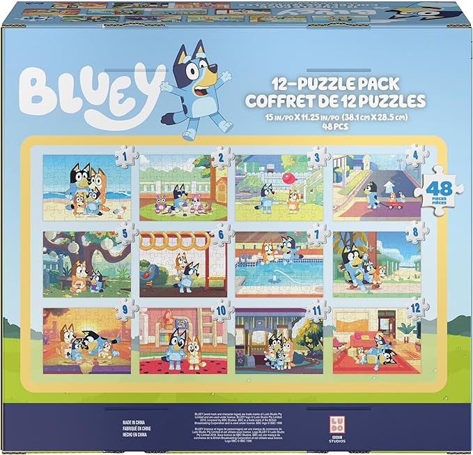 Spin Master Games, Bluey Puzzles 12-Pack, Jigsaw Puzzles for Preschoolers, Ages 4 & Up