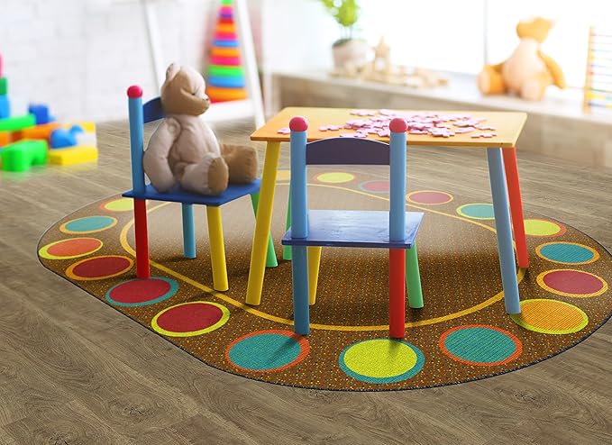 Flagship Carpets Sitting Spots Seating Oval Area Rug for Children's Classroom or Kids Playroom, and Home Learning Carpet, Seats 20, 6' x 8'4", Brown