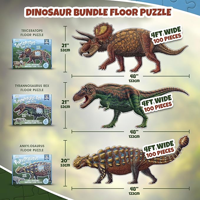 Tyrannosaurus Rex, Triceratops and Ankylosaurus Dinosaur Puzzle Bundle | 100-Piece Each with Glow-in-The-Dark Skeleton On Other Side | 4 FT Scientifically Accurate Dino Illustration