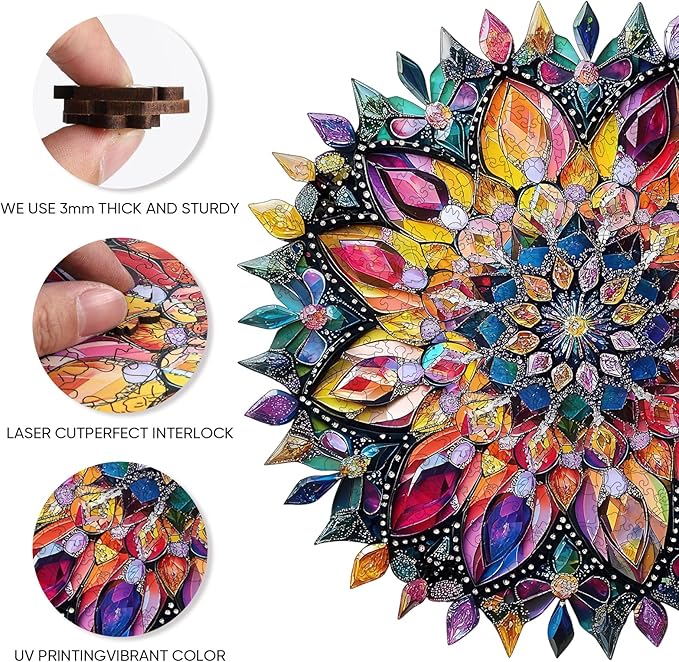 Wooden Jigsaw Puzzles - Diamond Mandala Wooden Puzzles for Adults, 500 Pcs King Size 16.7'' x 16.7'', Luxurious Shaped Wood Puzzle, Beautiful Package, Best Gift for Adults and Kids, Family Game