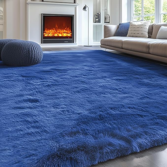 PAGISOFE Blue Rug 4x6 Ft Fluffy Shag Rugs for Bedroom Soft Fuzzy Shaggy Blue Rugs for Living Room Carpet Nursery Floor Boys Room Dorm Rug Kids Playroom Navy Area Rug Teen Home Decor