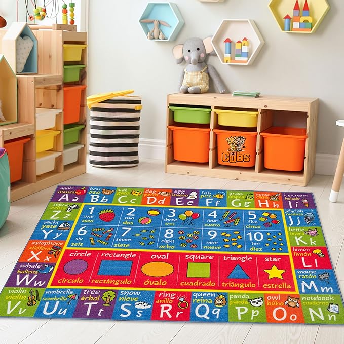 KC Cubs ABC Alphabet, Seasons, Days + Spanish Translations Educational Learning Game Play Boy & Girl Kids Area Rug Carpet for Children Bedroom, Toddler Classroom, & Baby Playroom Floor Activity Mat
