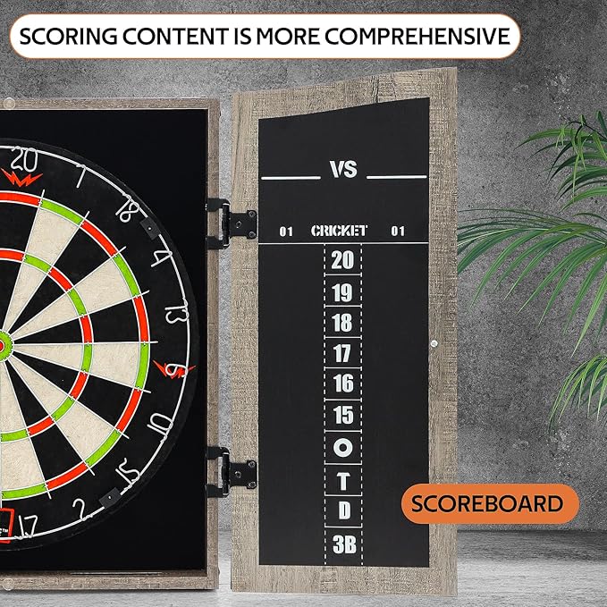 Dartboard Cabinet Set - Easy Assembly One Piece Sports Hemp Dartboard Scoreboard - Play Immediately - 6 Dart Chalk Set for Home Game Bar Accessories, Gray