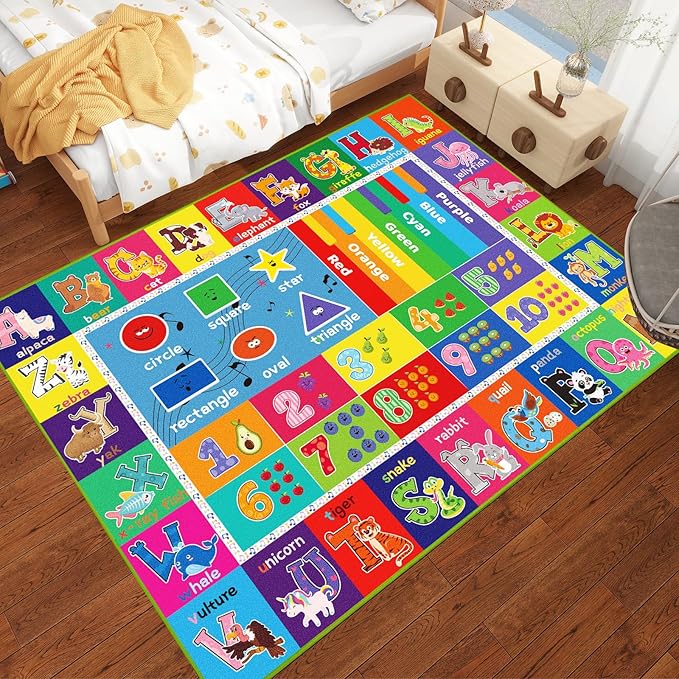 ABC Carpet, Kids Rugs for Playroom, Educational Play Mat for Kids, Preschool Rugs with ABC, Numbers, Animals Learning Rugs for Bedroom Playroom Classroom Baby Toddler Children (Blue, 78.7X59 INCH)