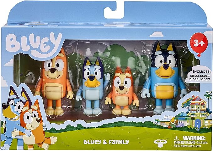 Bluey Family Figure 4-Pack – Includes Bluey, Bingo, Mum (Chilli) & Dad (Bandit), Poseable Collectible Toys for Kids, Durable Cake Toppers, for Toddlers & Fans, Ages 3+