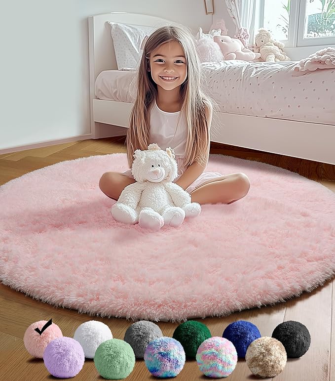 ONASAR Light Pink Round Area Rugs 4ft for Bedroom Living Room, Washable Fluffy Circle Rug for Kids Girls Boys Teen, Soft Plush Shaggy Carpet for Nursery Dorm Classroom Playroom Home Decor Aesthetic