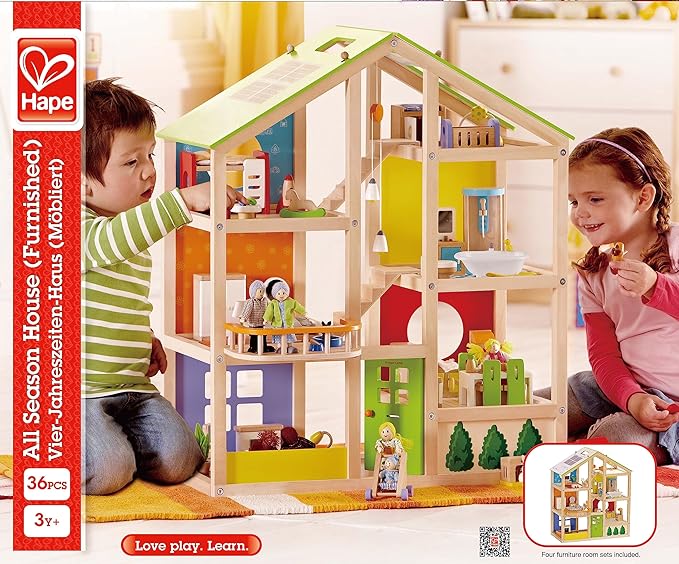 All Seasons Kids Wooden Dollhouse by Hape | Award Winning 3 Story Dolls House Toy with Furniture, Accessories, Movable Stairs and Reversible Season Theme L: 23.6, W: 11.8, H: 28.9 inch