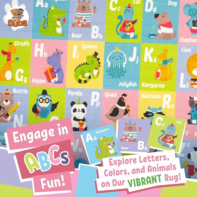 KC CUBS ABC Alphabet Animal Educational Learning & Fun Game Play Area Non Slip Boy & Girl Kids Rug Carpet for Children Bedroom, Toddler Classroom Daycare & Baby Playroom Floor Mat, Playtime Activity