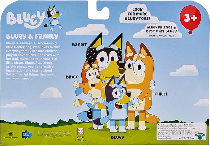 Bluey Family Figure 4-Pack – Includes Bluey, Bingo, Mum (Chilli) & Dad (Bandit), Poseable Collectible Toys for Kids, Durable Cake Toppers, for Toddlers & Fans, Ages 3+