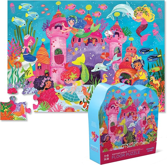 Crocodile Creek 36-Piece Jigsaw Floor Puzzle - Fun Floor Puzzles for Kids Ages 3-5 - Heavy-Duty Shaped Box for Storage - Mermaid Palace - 27" W x 20" H Finished