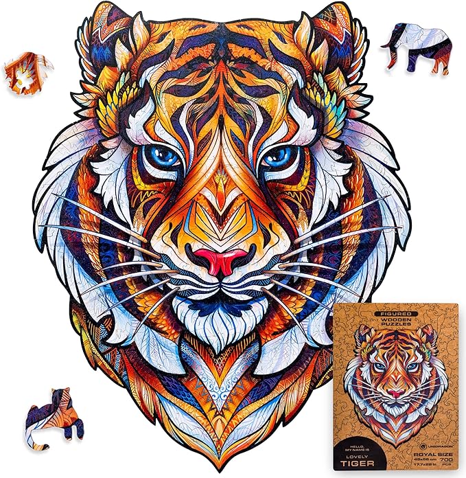UNIDRAGON Original Wooden Jigsaw Puzzles - Lovely Tiger, 700 pcs, Royal Size 17.7"x22", Beautiful Gift Package, Unique Shape Best Gift for Adults and Kids