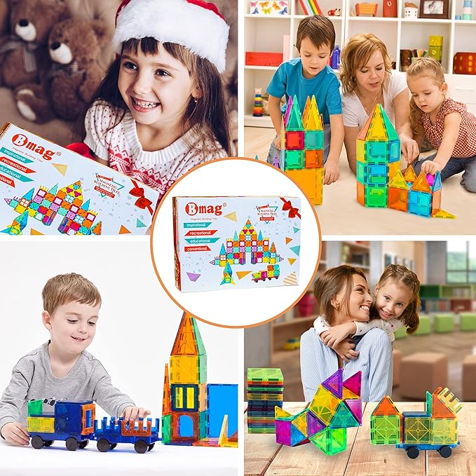 Bmag 100PCS Magnet Building Blocks with 2 Carsfor Kids, Magnetic Tiles Stacking Building Set for Boys Girls, STEM Preschool Educational Learning Construction Toy