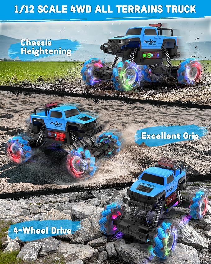 Programmable RC Stunt Truck, 1:12 Remote Control Monster Car with 360° Spin, Drift, One-Key Demo, 4WD All-Offroad Cars with Spray Music Dance Hobby Truck Gifts for 6-12 Boys Girls Christmas (Blue)