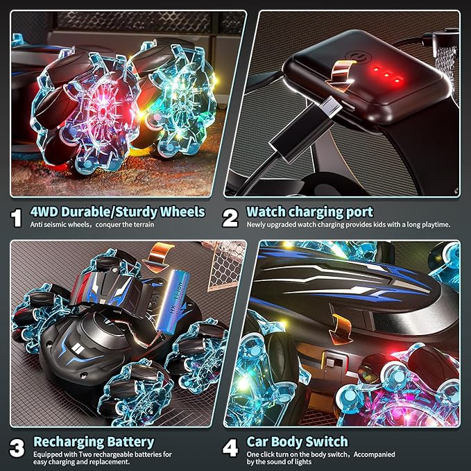 2.4GHz RC Stunt Car,4WD Double-Sided Gesture Sensing RC Cars,360°Flips Remote Control Car with Lights and Music for Boys Kids Birthday Gifts Age 6-12 Year Old (Blue