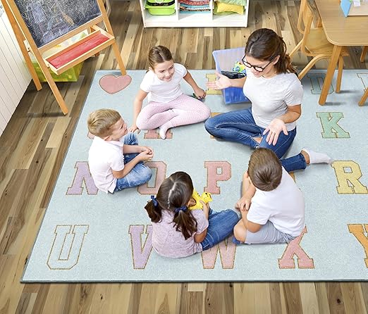 Flagship Carpets Schoolgirl Style Blue Pastel Alphabet Criss-Cross Applesauce Educational Area Rug for Kids Room Seating Décor, Children's Classroom, Play Carpet for Teaching and Playroom, 7'6" x 12'