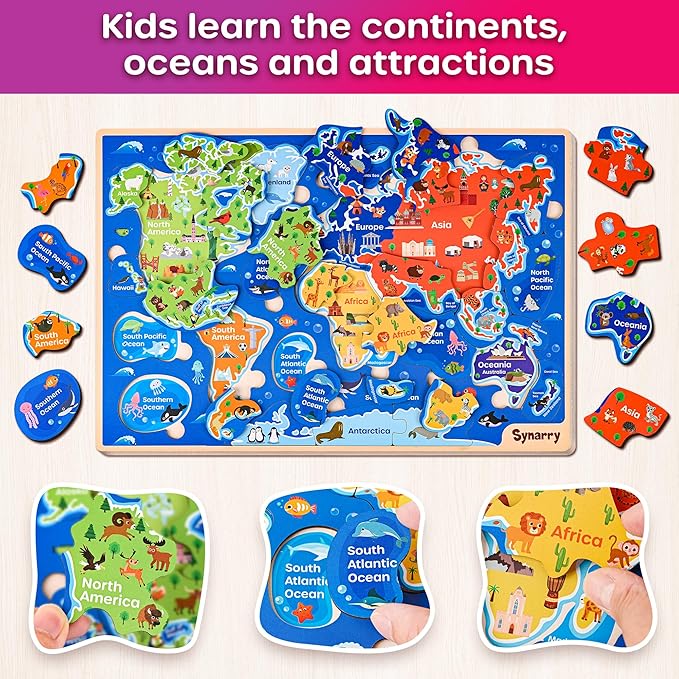 SYNARRY Large USA World Solar System Wooden Puzzles for Kids Ages 4-6, Wood Jigsaw Puzzles Educational Games Toys Gifts for Toddlers, Learning United States World Space Maps for Boys Girls Ages 3-8