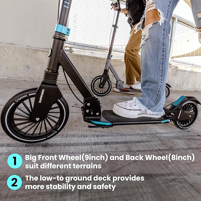 Aero Big Wheel Scooters for Kids Ages 8-12, Teens and Adults. Manual Kick Scooter for Boys and Girls, with Hand Brake, Rubber Mat, Shock Absorption, Foldable and Height Adjustable