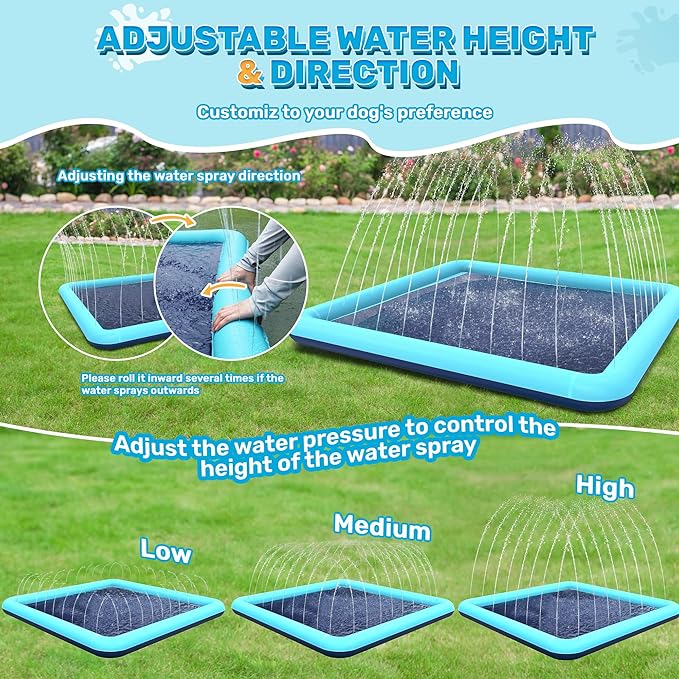 107'' Splash Pad for Dogs, Non-Slip Sprinkler for Kids, Square Splash Pad for Kids Ages 4-8, Splash Pads for Toddlers 1-3, Dog Sprinkler Shallow Pool, Outdoor Water Toys for Backyard, Teal