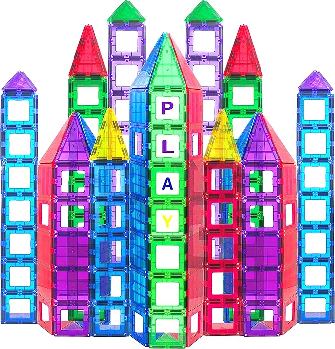 Magnetic Tiles Building Blocks - 113pcs Advanced Set - STEM Toys for 3+ Year Old Boys and Girls -Strongest Magnets - Includes 13 Piece Insert Alphabet Cards - Learning by Playing