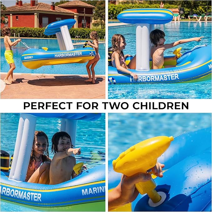 Zone Tech Inflatable Patrol Boat Pool Float and Harbor Master Boat Pool Float Ride On Fun Water Toy Squirter