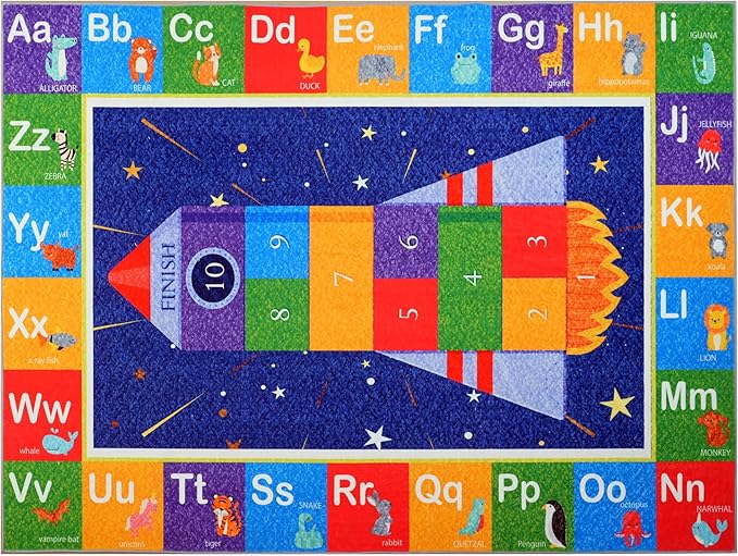 Hudson Comfort Classroom Rug 9x12 - Rugs for Elementary, Daycare, Nursery, and Playroom - Super Soft Non-Slip Carpet - Kids Fun Floor Mat for Playtime (Rocket)
