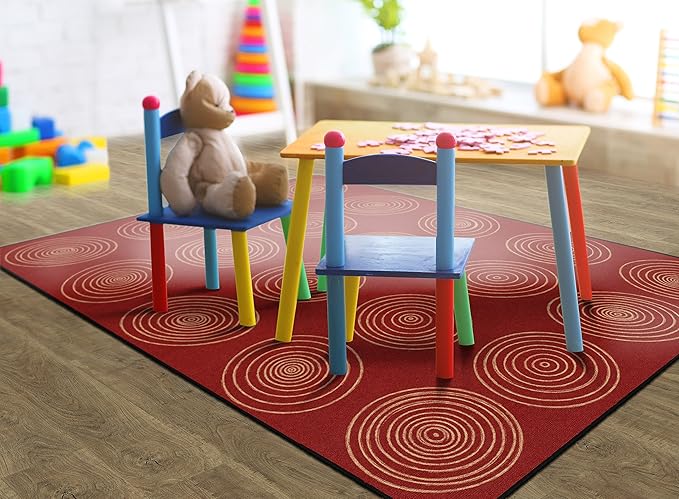Flagship Carpets Circles Abstract Educational Area Rug for Kids Room Seating Décor, Children's Classroom, Play Carpet for Teaching and Playroom, Seats 20, 6' x 8'4", Brick