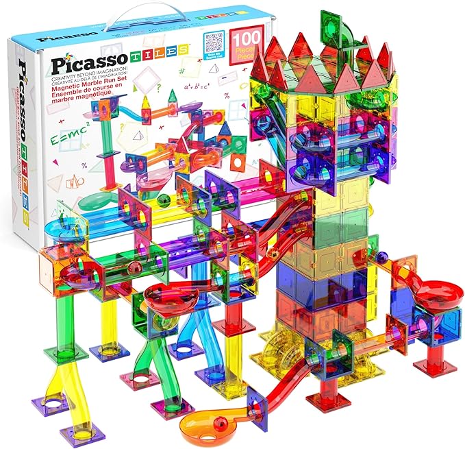 PicassoTiles Marble Run 100 Piece Magnetic Tile Race Track Toy Play Set STEM Building & Learning Educational Magnet Construction Child Brain Development Kit Boys Girls Age 3 4 5 6 7 8+ Years Old Toys