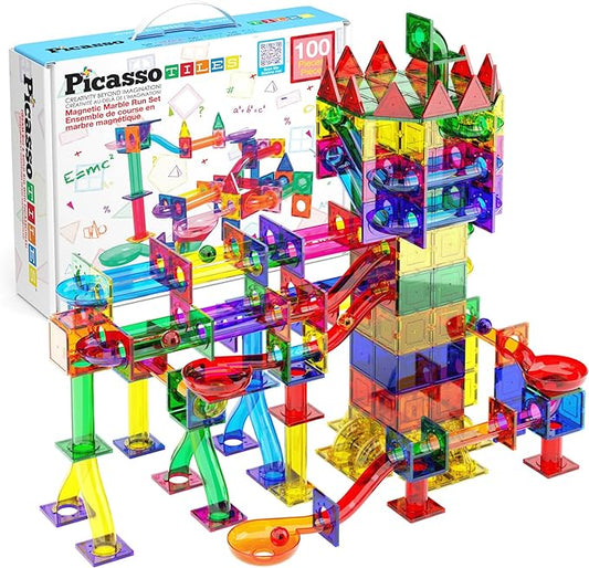 PicassoTiles Marble Run 100 Piece Magnetic Tile Race Track Toy Play Set STEM Building & Learning Educational Magnet Construction Child Brain Development Kit Boys Girls Age 3 4 5 6 7 8+ Years Old Toys