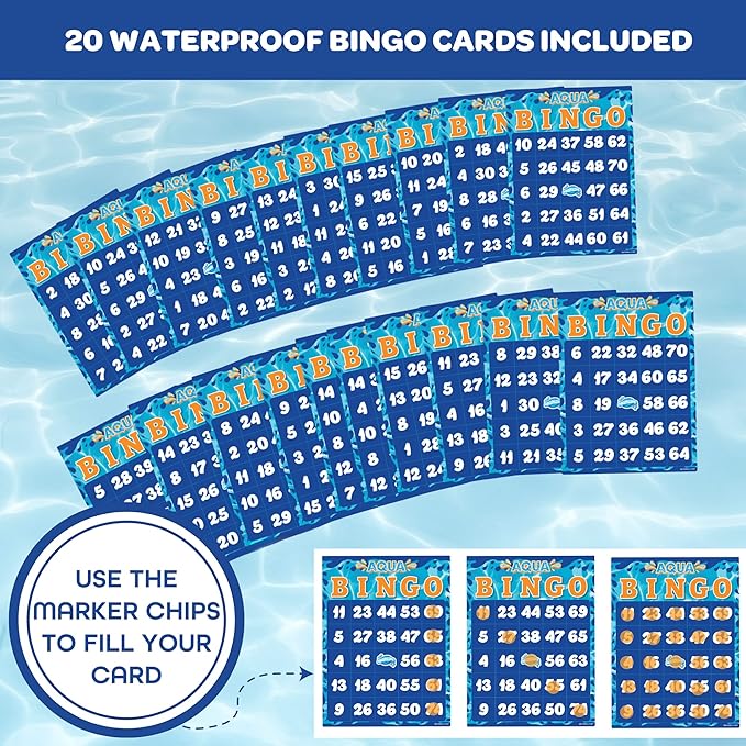 Aqua Pool Bingo Diving Game for Adults & Kids- Swim for & Call 75 Sinking Numbers, Fill Your Card To Win- Includes 200 Marker Chips, 10 Waterproof Play Cards, Fun for Summer Birthday or BBQ Parties