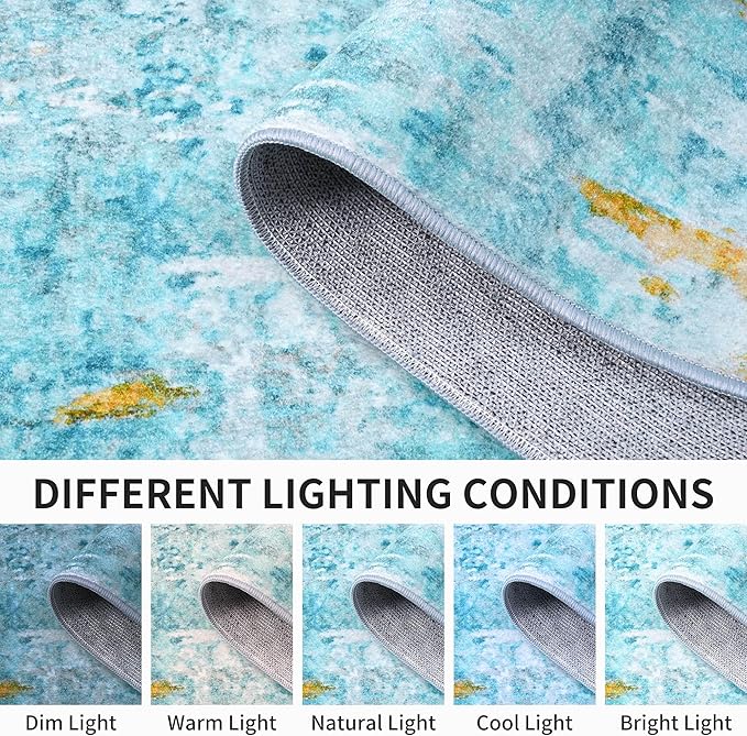 Ompaa Living Room Rug 5x7 Teal Blue Area Rug Machine Washable Boho Rug Non Slip Abstract Vintage Indoor Large Rugs for Bedroom, Classroom, College Dorm, Farmhouse, Dining Room, Kids Playroom