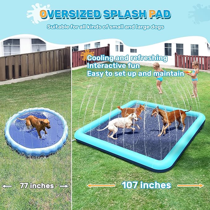 107'' Splash Pad for Dogs, Non-Slip Sprinkler for Kids, Square Splash Pad for Kids Ages 4-8, Splash Pads for Toddlers 1-3, Dog Sprinkler Shallow Pool, Outdoor Water Toys for Backyard, Teal