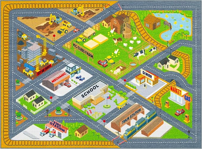 KC Cubs Playtime Collection Country Farm Road Map with Construction Site Educational Learning Area Rug Carpet for Kids and Children Bedroom and Playroom (5' 0" x 6' 6")