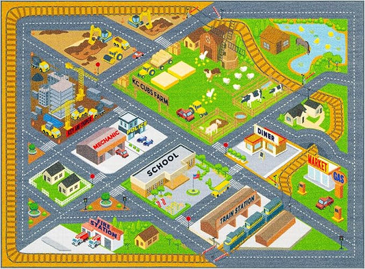 KC Cubs Playtime Collection Country Farm Road Map with Construction Site Educational Learning Area Rug Carpet for Kids and Children Bedroom and Playroom (5' 0" x 6' 6")