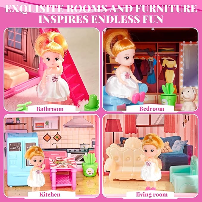 Doll House for Girls,13 Rooms Dollhouse with Dolls Figure, Puppies,Furnitures, Accessories, LED Light, Toddler Playhouse Gift for for 3 4 5 6 7 8 9 10 Year Old Girls Toys (Pink)