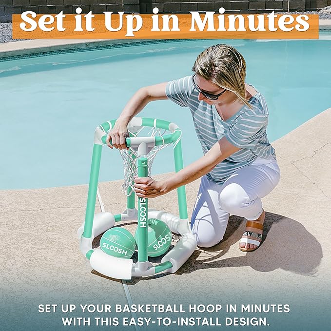 Sloosh Pool Basketball Hoop Toys, Floating Basketball Pool Game, Swimming Floats Toys with Balls Pump, Summer Outdoor Water Play Toy for Kids and Adults (Green)