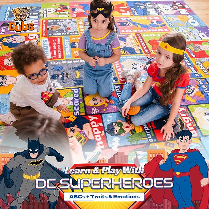 KC Cubs | DC Super Hero ABC Alphabet Traits & Emotions Educational Learning & Game Area Rug Carpet for Kids and Children Bedrooms and Playroom