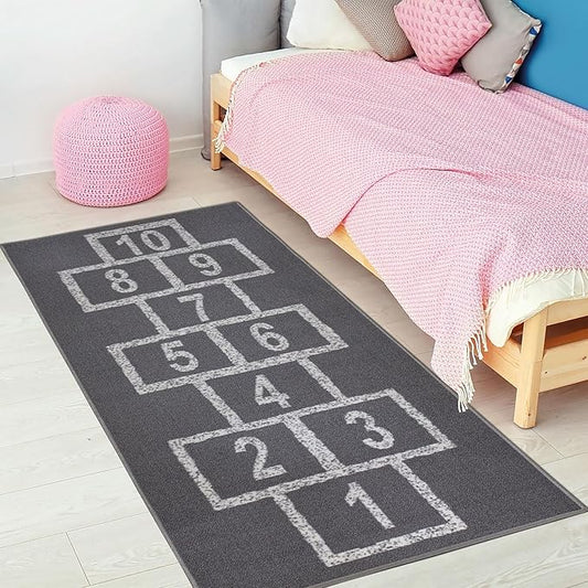 Ottomanson 2'7" x 6' Hopscotch Kids Rug - Play Mat for Playroom, Bedroom, Daycare & Classroom - Fun & Interactive Game Carpet - Durable and Non-Slip - Perfect for Learning & High-Traffic Areas, Gray
