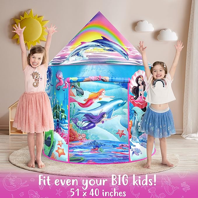 W&O Musical Mermaid Tent with Under-The-Sea Button - Captivating Pop Up Tent for Girls - Perfect for Indoor & Outdoor Play