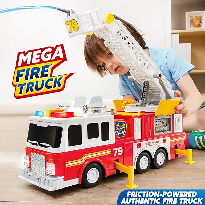 JOYIN Extra Large Fire Truck Toys for Boys Girls with 33-inch Ladder, Lights, Realistic Sirens & Button, Big Firetruck Engine for Toddlers 3+, Christmas Birthday Gift