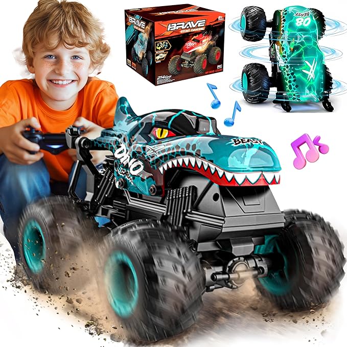 BEZGAR Monster Truck Toys - Remote Control Monster Truck with Light & Music, Dinosaur Toys for Kids, 1:20 Scale RC Truck with 360° Spins and Drifting, Remote Control Car for Boys 4-7 Blue
