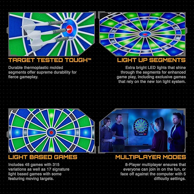 Viper Ion Electronic Dartboard, Illuminated Segments, Light Based Games, Green and Blue Segment Colors, Ultra Thin Spider to Increased Scoring Area