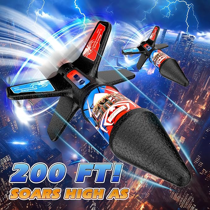 Rocket Launcher for Kids Automatic Launch 200 Feet Air Rocket Toy for Boy 10 Years Old Motorized Air Rocket with Safety Parachute and LED Outdoor Rocket Kits Toys Gifts for Kids Age 5-12