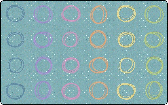 Flagship Carpets Smiley Circle Sampler Abstract Educational Area Rug for Kids Room Seating Décor, Children's Classroom, Play Carpet for Teaching and Playroom, Seats 24, 7'6"x12', Blue & Multi