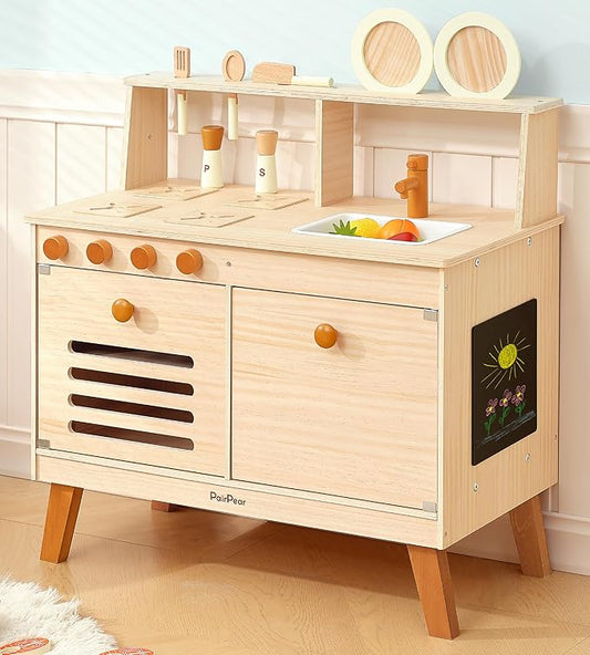 PairPear Play Kitchen Set for Kids, Wooden Toy Kitchen with Accessories & Play Food, Natural Wood Kids Kitchen for Imaginative Cooking & DIY Crafting - Ideal Gift for Toddlers Age 3+