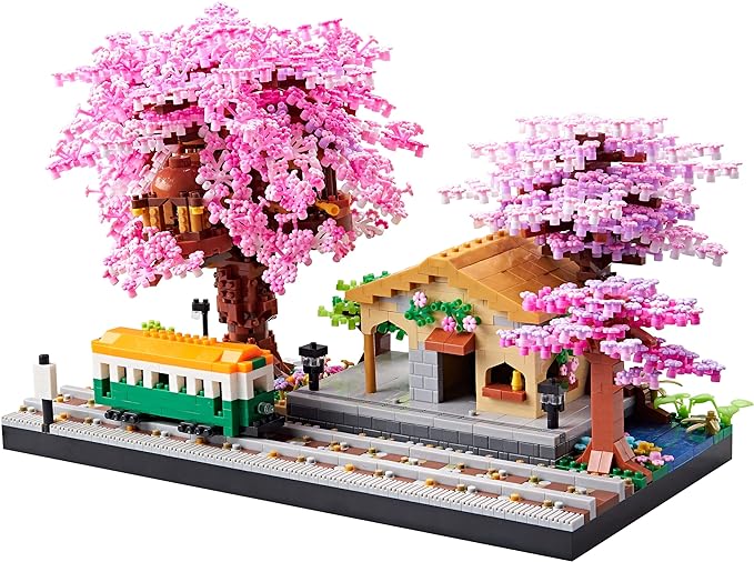 Japanese Cherry Blossom Train Station Micro Building Blocks Set - Creative Mini Bricks Model Kit for Adults and Kids (3668 PCS) with Figures