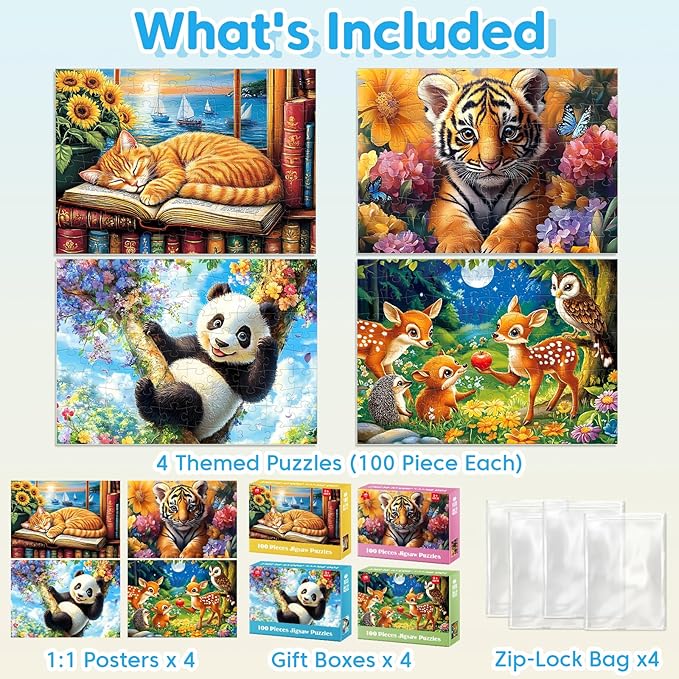 4-Pack 100 Pieces Puzzles for Kids Ages 4-6 6-8 Panda Tiger Deer Cat Puzzles 100 Pieces Jigsaw Puzzles for Kids 8-10 Year Old, Large Piece Puzzles for Seniors, Puzzles Toys for Boys and Girls